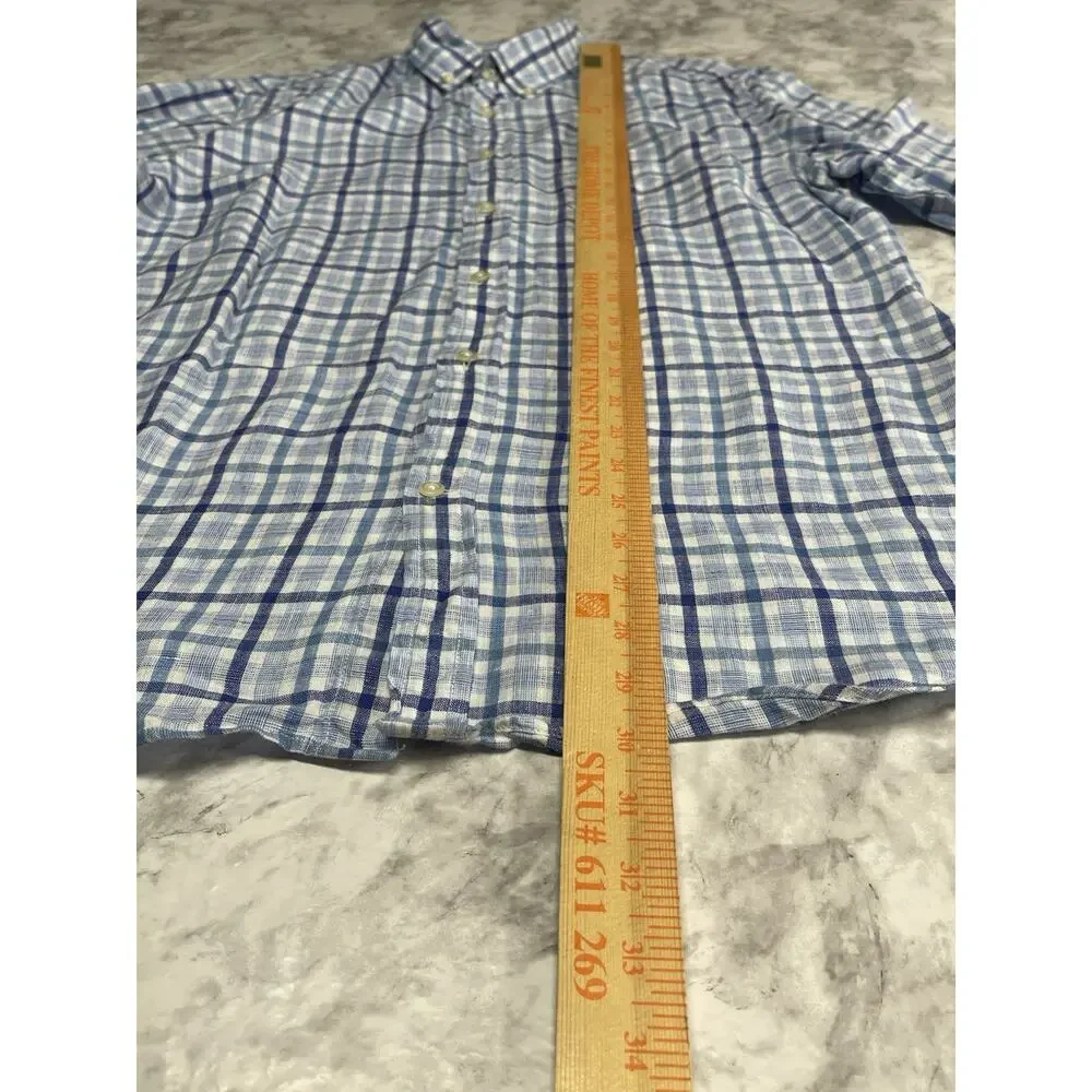 Preppy Linen Banana Republic Camden Standard Fit Button Down Shirt L Blue Plaid